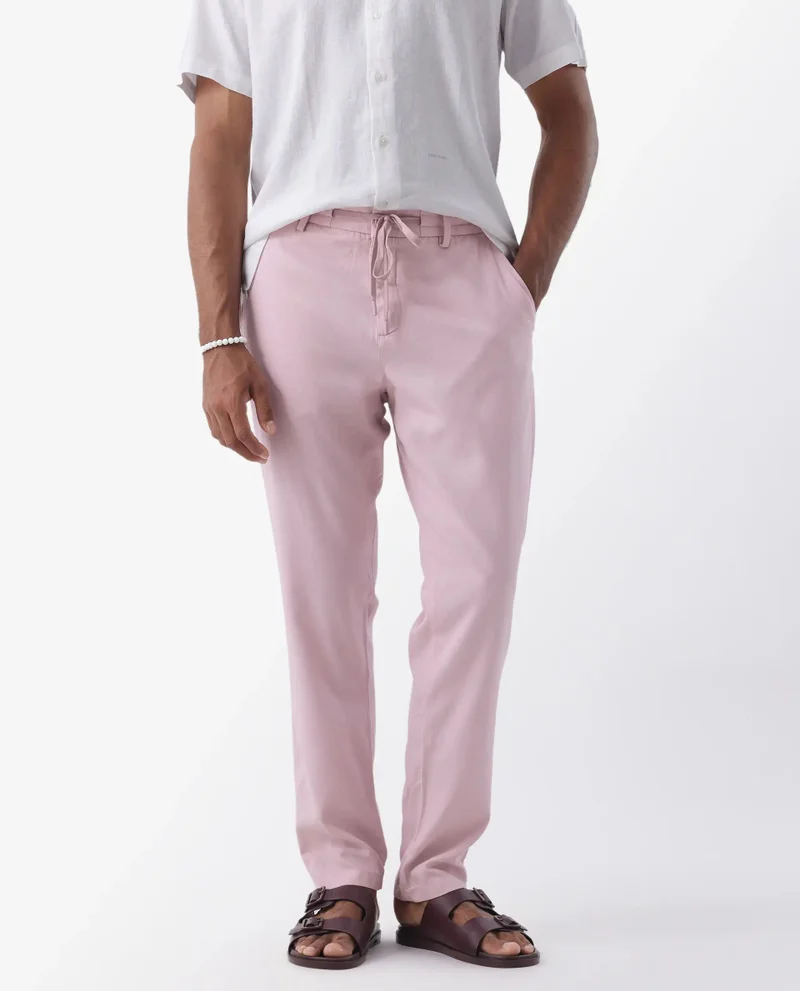 Rare Rabbit Rare Rabbit Mens Reric Pastel Pink Linen Blend Drawstring Closure Solid Linen Trouser