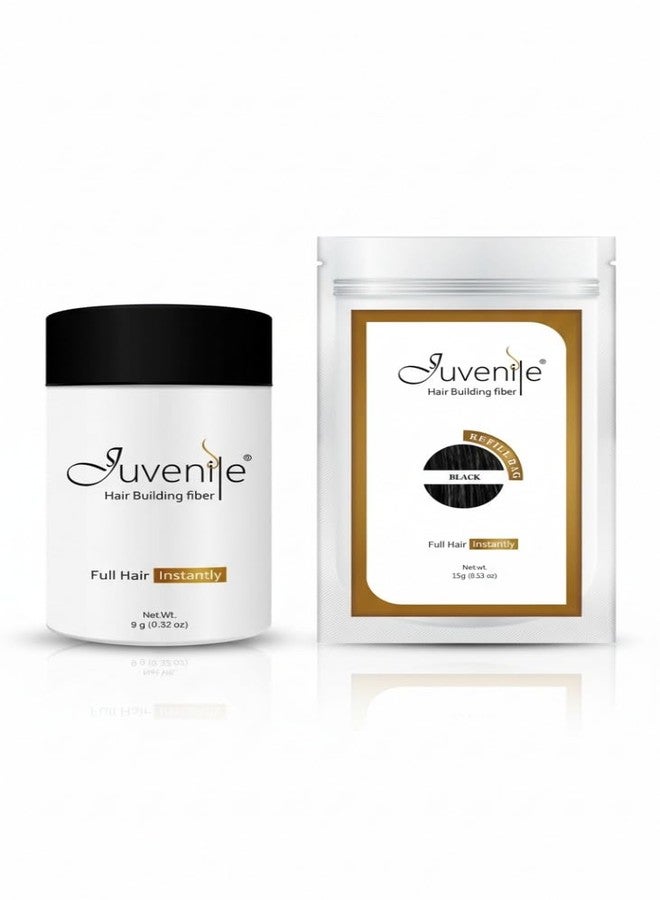جوفينايل ألياف شعر الأطفال السوداء 9 غرام + عبوة إعادة تعبئة 15 غرام - الثنائي الأمثل للحصول على كثافة فورية ومظهر أكثر امتلاءً للرجال والنساء (عبوة سوداء 9 غرام + عبوة إعادة تعبئة 15 غرام) - Image 1