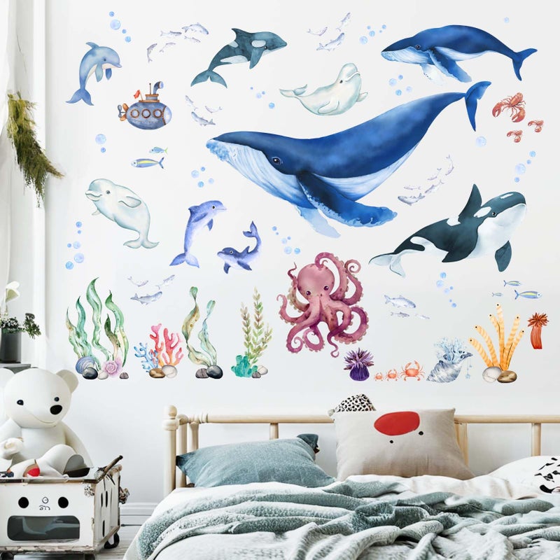 ملصقات حائط من Pinkeleph Under The Sea Fish - ملصقات حائط على شكل سمكة قرش الحوت وحبار دولفين وحيوانات المحيط - حضانة الأطفال والصبيان والبنات وغرفة النوم والحمام والرعاية النهارية وغرفة اللعب وديكور الحائط - Image 3