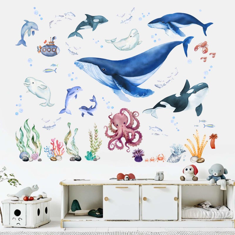 ملصقات حائط من Pinkeleph Under The Sea Fish - ملصقات حائط على شكل سمكة قرش الحوت وحبار دولفين وحيوانات المحيط - حضانة الأطفال والصبيان والبنات وغرفة النوم والحمام والرعاية النهارية وغرفة اللعب وديكور الحائط - Image 2