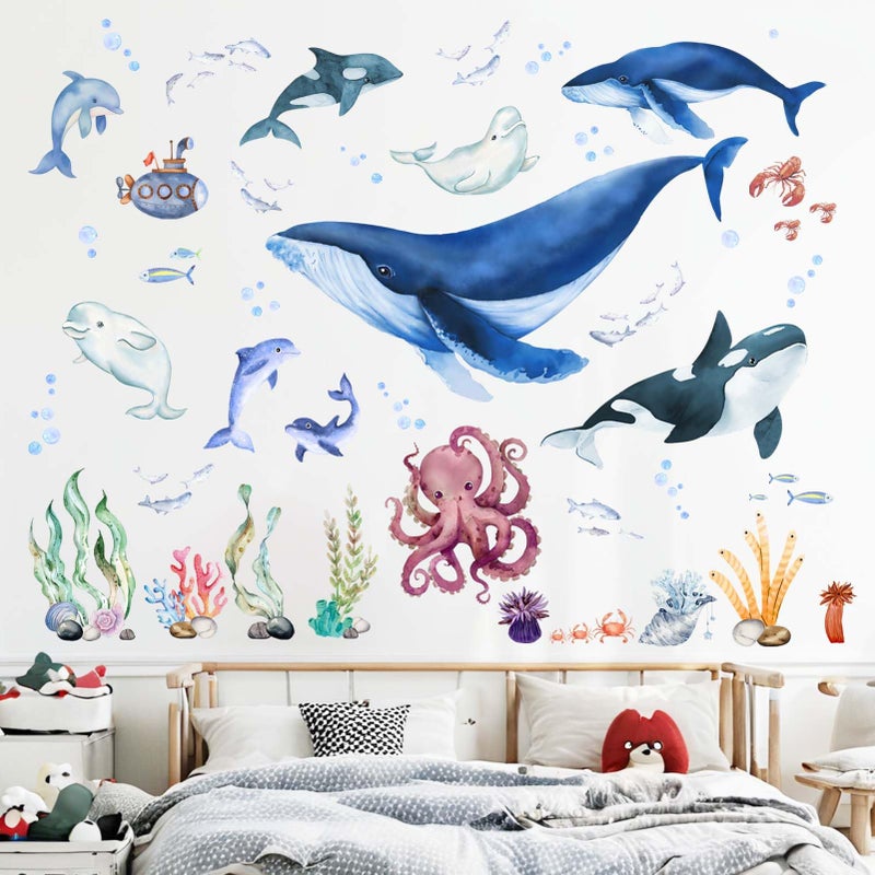 ملصقات حائط من Pinkeleph Under The Sea Fish - ملصقات حائط على شكل سمكة قرش الحوت وحبار دولفين وحيوانات المحيط - حضانة الأطفال والصبيان والبنات وغرفة النوم والحمام والرعاية النهارية وغرفة اللعب وديكور الحائط - Image 1
