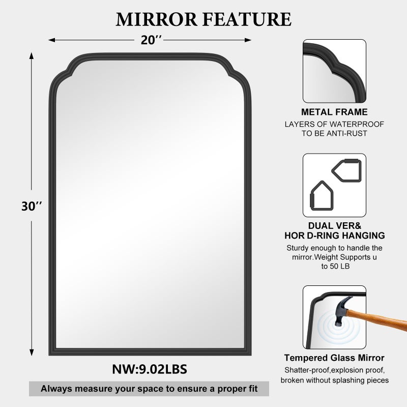Ferytange 20X30 Inch Black Metal Framed Bathroom Mirror for Wall, Matte Black Bathroom Vanity Mirror, Rectangular Rounded Decor Mirror Anti-Rust, Tempered Glass (Black 20" x 30") - Image 5