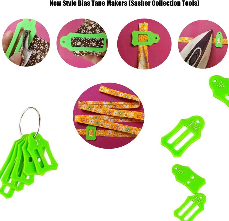 YICBOR Bias Tape Maker Kits All 5 Sizes 6MM 9MM 12MM 18MM 25MM Binding Foot Craft Clips Awl Quilter's Pin Comes with 10pcs Multi-Sizes Folding Fabric and Biasing Strips Roll Tool Set (Green) - Image 4