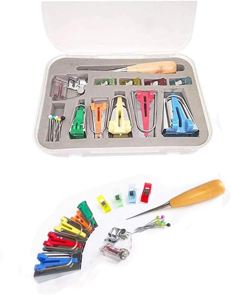 YICBOR Bias Tape Maker Kits All 5 Sizes 6MM 9MM 12MM 18MM 25MM Binding Foot Craft Clips Awl Quilter's Pin Comes with 10pcs Multi-Sizes Folding Fabric and Biasing Strips Roll Tool Set (Green) - Image 5