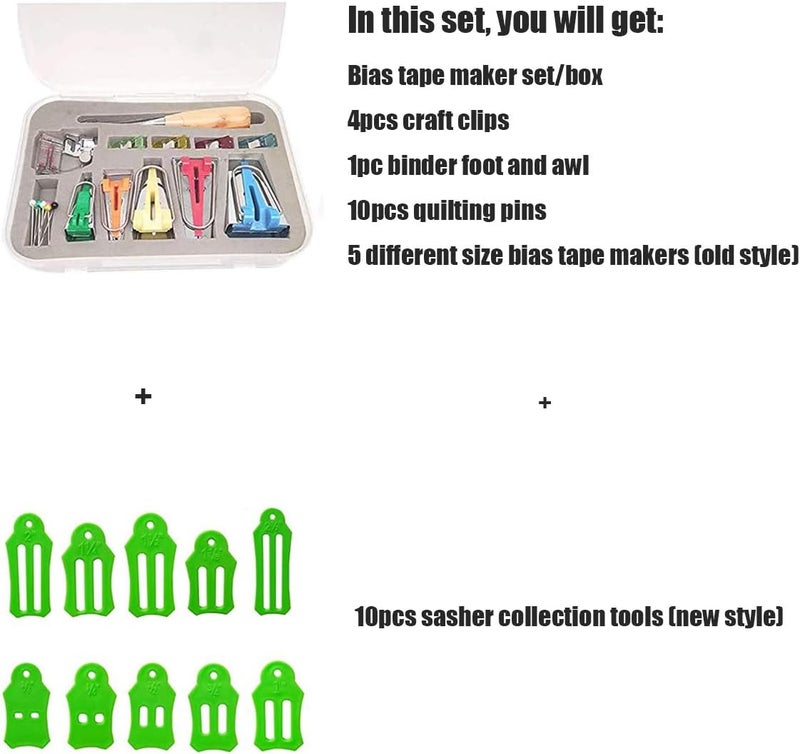 YICBOR Bias Tape Maker Kits All 5 Sizes 6MM 9MM 12MM 18MM 25MM Binding Foot Craft Clips Awl Quilter's Pin Comes with 10pcs Multi-Sizes Folding Fabric and Biasing Strips Roll Tool Set (Green) - Image 2