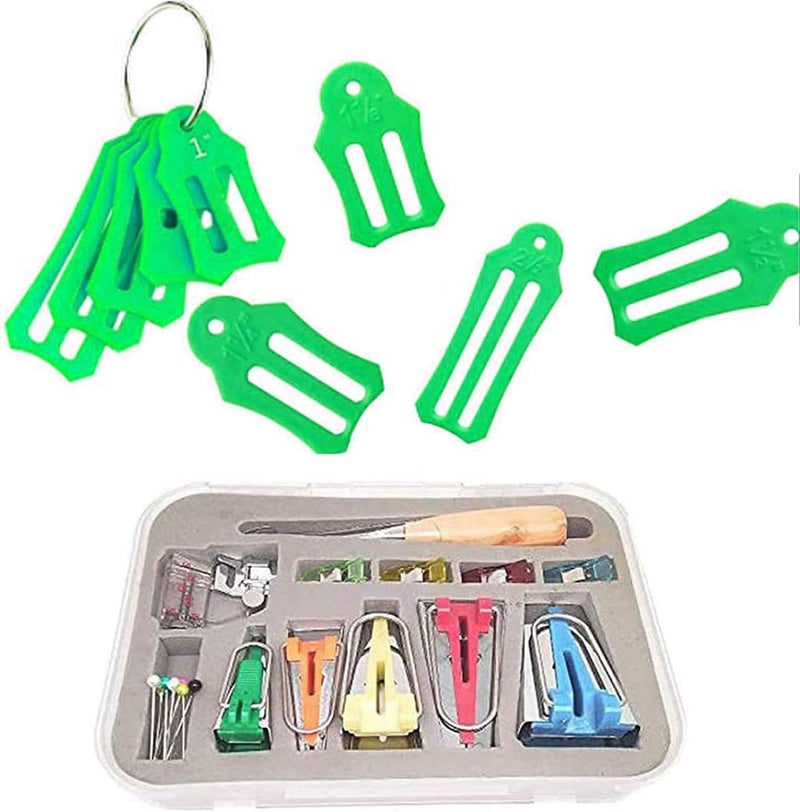 YICBOR Bias Tape Maker Kits All 5 Sizes 6MM 9MM 12MM 18MM 25MM Binding Foot Craft Clips Awl Quilter's Pin Comes with 10pcs Multi-Sizes Folding Fabric and Biasing Strips Roll Tool Set (Green) - Image 1