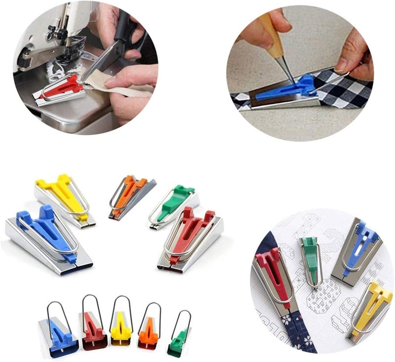 YICBOR Bias Tape Maker Kits All 5 Sizes 6MM 9MM 12MM 18MM 25MM Binding Foot Craft Clips Awl Quilter's Pin Comes with 10pcs Multi-Sizes Folding Fabric and Biasing Strips Roll Tool Set (Green) - Image 3