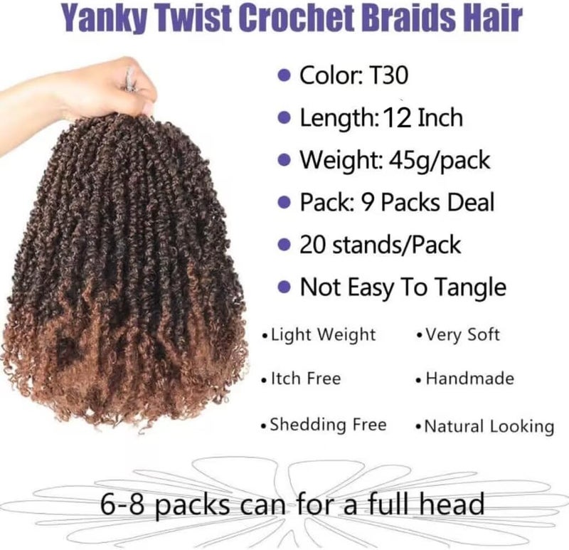 datanala Yanky Twists Crochet Braiding Hair 12 Inch 9 Packs Ombre Pre Twisted Passion Twist Crochet Hair with Curls Micro Spring Twists Crochet Hair Pre-looped Curly Crochet Hair for Women (T30#) - Image 1