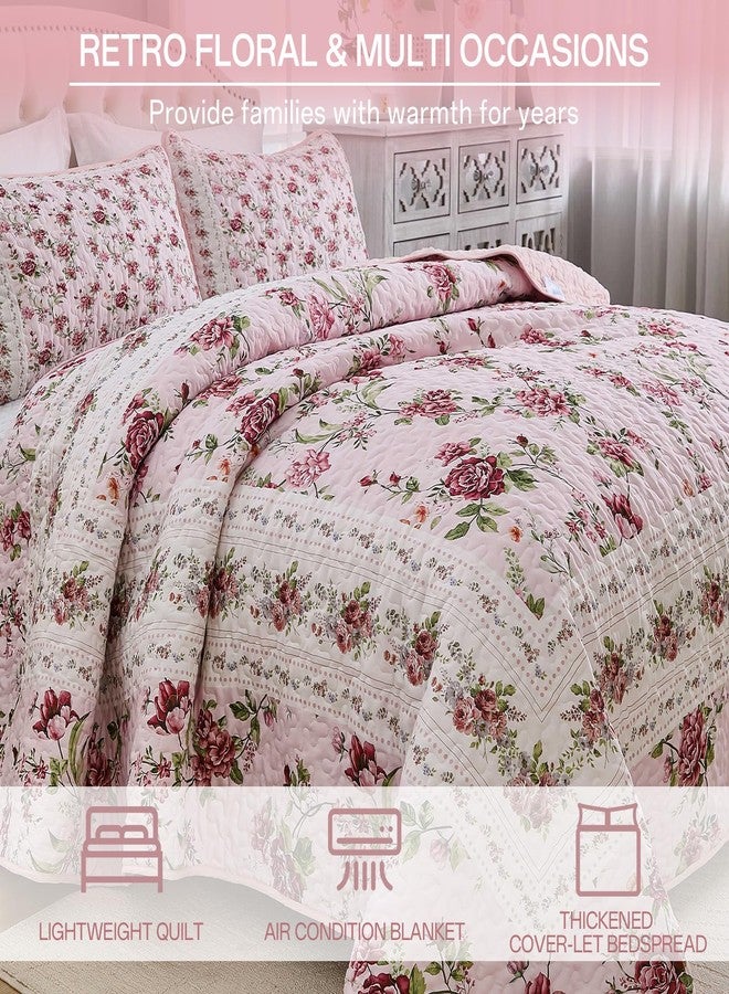 Xruibed Floral Quilt Set Queen Size, 3PCs Antique Rose Pink Bedspread Coverlet Set, Lightweight Soft Microfiber Pink Quilt Set with 2 Pillowcases for All Season (Queen Size 96"x90") - Image 3
