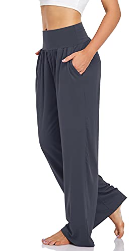 UEU Women's High Waist Rise Comfortable Yoga Pants Casual Loose Fit Lounge Wide Leg Sports Trendy Sweat Pants with Pockets(Darkgray,XL) - Image 2