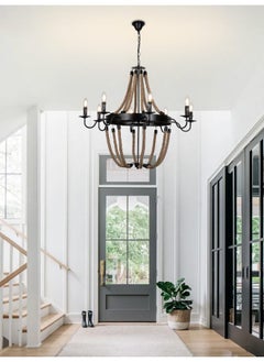 Best Power Rustic Rope Chandelier – Model 9001-BK | 8-Light Vintage Hanging Ceiling Light | E14 Bulbs | Adjustable Chain | 90 cm Wide | Ideal for Dining Room, Living Room & Cafés  - Image 1