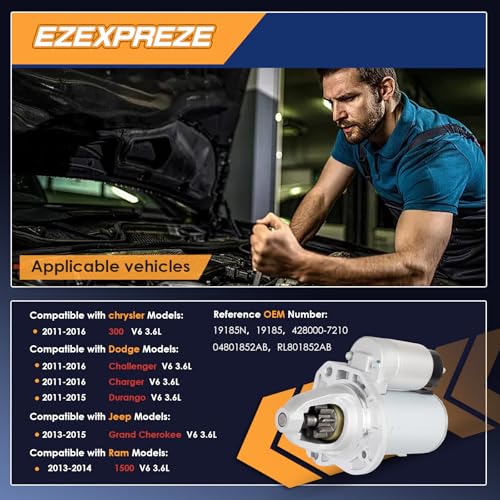 E EZEXPREZE 19185N Ezexpreze Starter Compatible with 11-16 Chrysler 300 Dodge Challenger & Charger,11-15 Durango,13-15 Grand Cherokee, 13-14 Ram 1500 3.6L 1.3kw 9-Teeth CW Replace# 4801852AB DRS0861 428000-7210 - Image 2