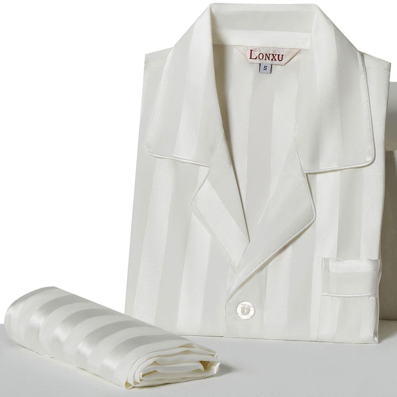 Lonxu Mens Silk Satin Pajamas Set Sleepwear Loungewear White L - Image 4
