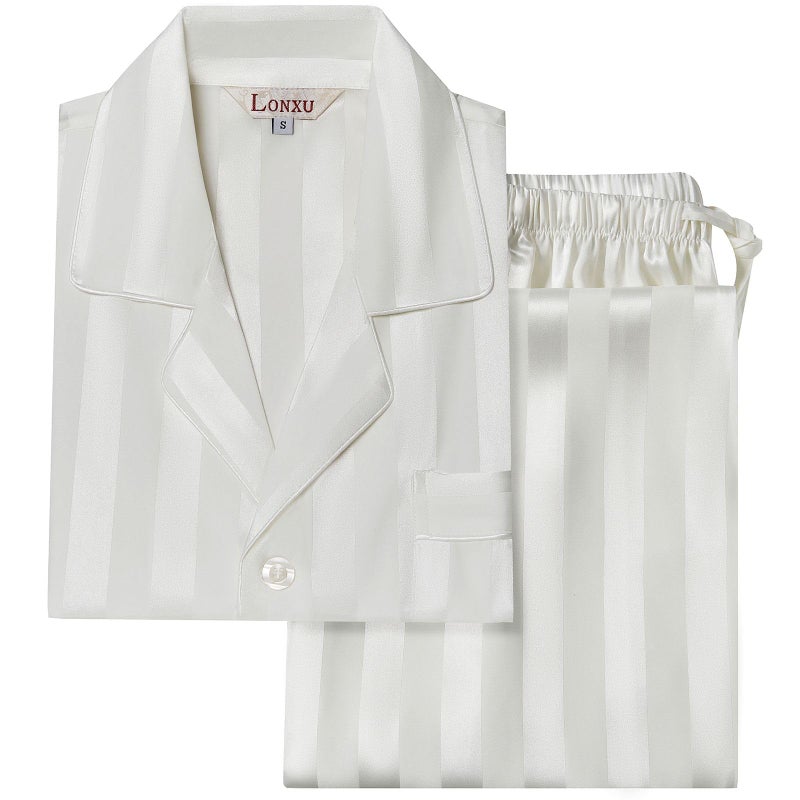 Lonxu Mens Silk Satin Pajamas Set Sleepwear Loungewear White L - Image 3