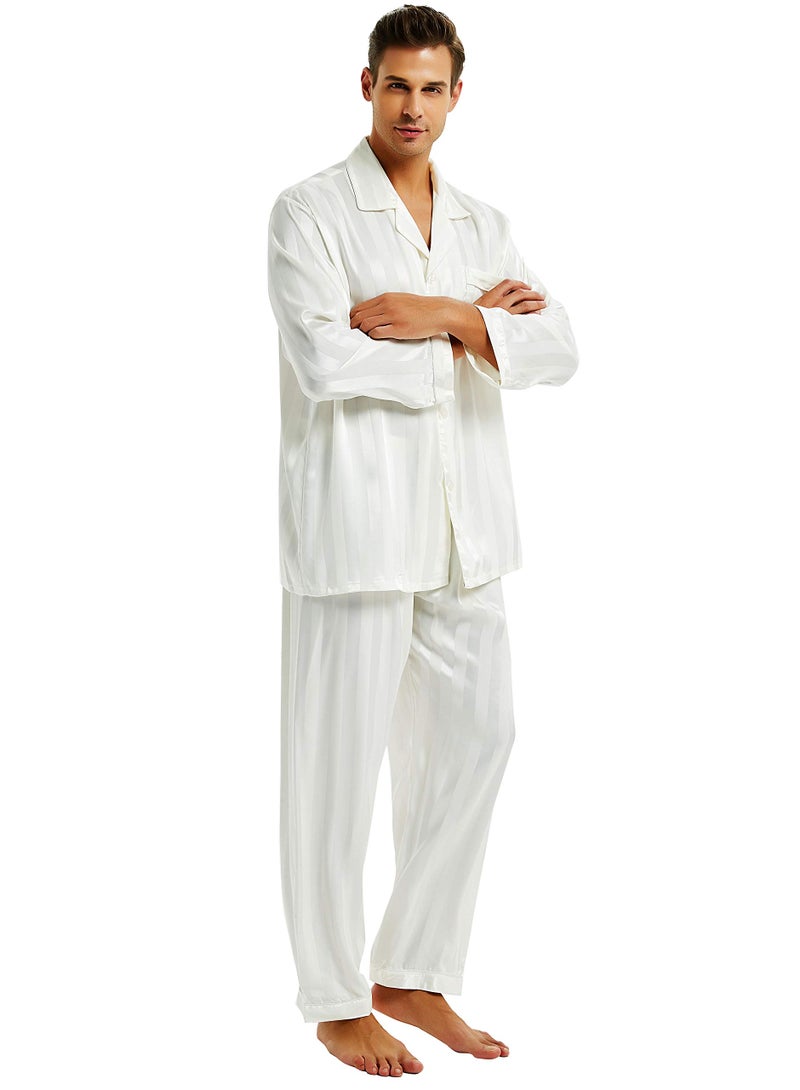 Lonxu Mens Silk Satin Pajamas Set Sleepwear Loungewear White L - Image 1