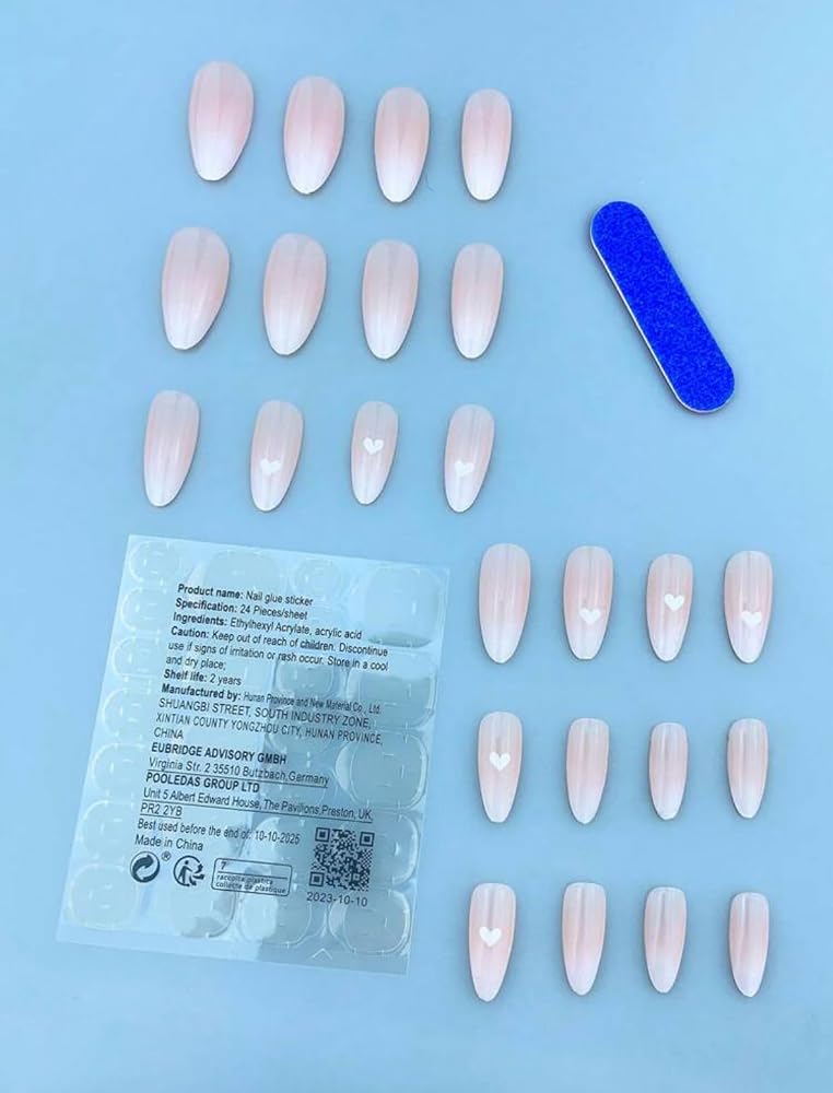 Suerte Press On Nails french tips light white fench with hearts Almond Solid Color Gradient Glossy 24pcs Press On French Nails Medium Natural Manicure nail art trendy, Fake acrylic nails with glue kit - Image 2