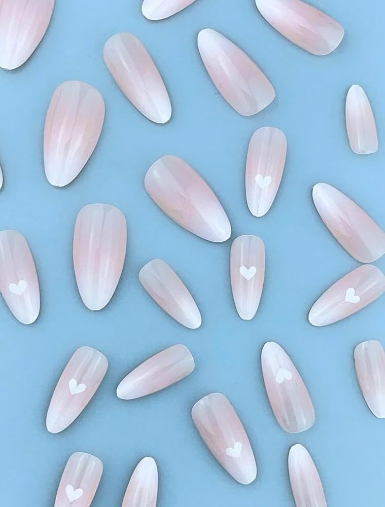 Suerte Press On Nails french tips light white fench with hearts Almond Solid Color Gradient Glossy 24pcs Press On French Nails Medium Natural Manicure nail art trendy, Fake acrylic nails with glue kit - Image 3