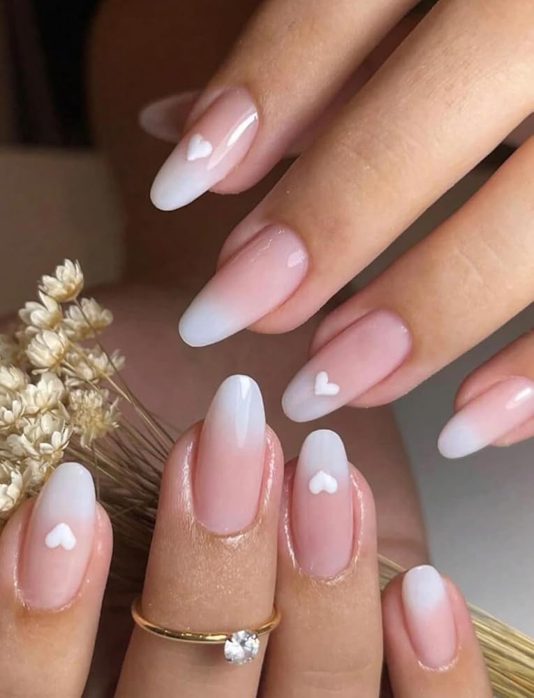 Suerte Press On Nails french tips light white fench with hearts Almond Solid Color Gradient Glossy 24pcs Press On French Nails Medium Natural Manicure nail art trendy, Fake acrylic nails with glue kit - Image 1