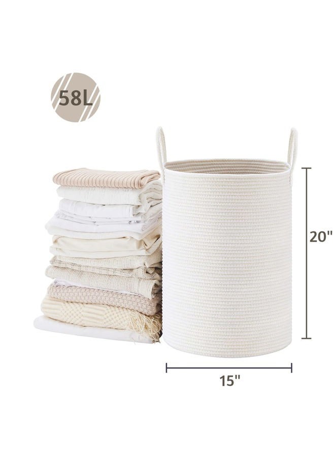 VIPOSCO Large Laundry Hamper, Tall Woven Rope Storage Basket for Blanket, Toys, Dirty Clothes in Living Room, Bathroom, Bedroom - 58L White - Image 5