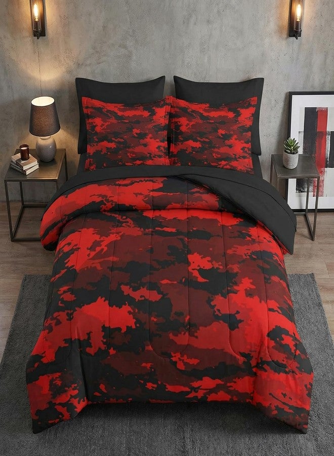 Nesker 7 Pcs Comforter Set Full Size, Red Black Camouflage Military Bedding Set for Kids and Adults, Camo Army Wood Bed Sheet Sets with Fitted Sheet 2 Pillowcases & 2 Shams - Image 1