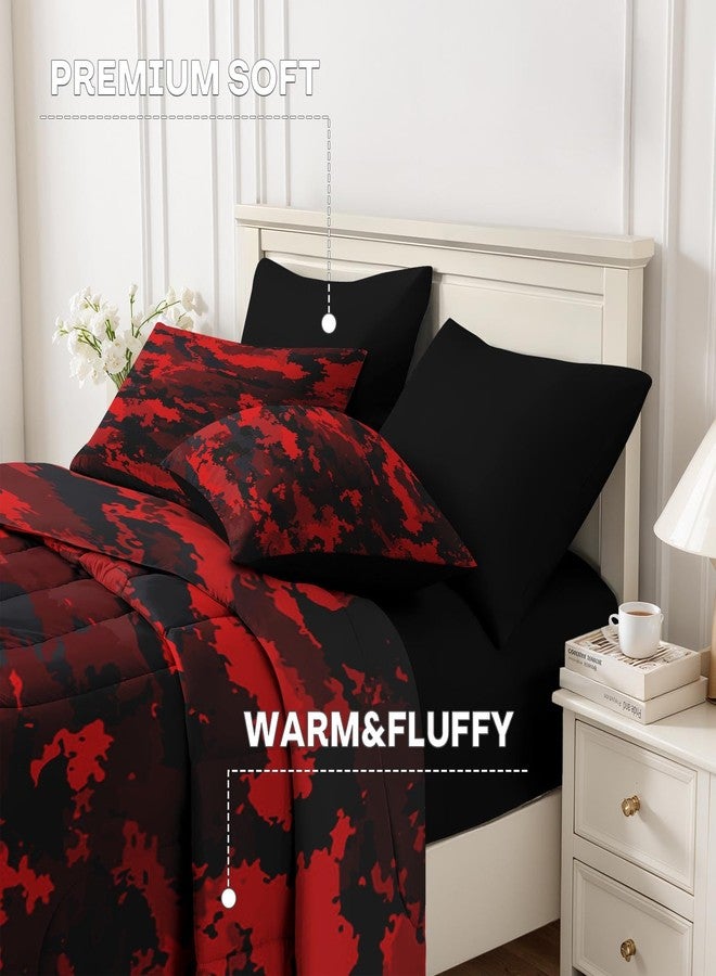 Nesker 7 Pcs Comforter Set Full Size, Red Black Camouflage Military Bedding Set for Kids and Adults, Camo Army Wood Bed Sheet Sets with Fitted Sheet 2 Pillowcases & 2 Shams - Image 4