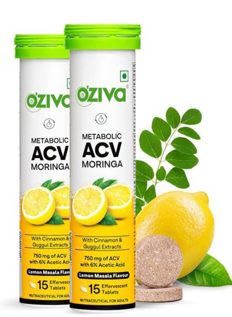 OZiva ACV Moringa Control Cravings Apple Cider Vinegar Cinnamon Guggul No Maltodextrin No Added Sugar, 750mg of ACV 6% Acetic Acid.  15 Effervescent Tablets Lemon Masala Pack of 2 30 Tablets - Image 1