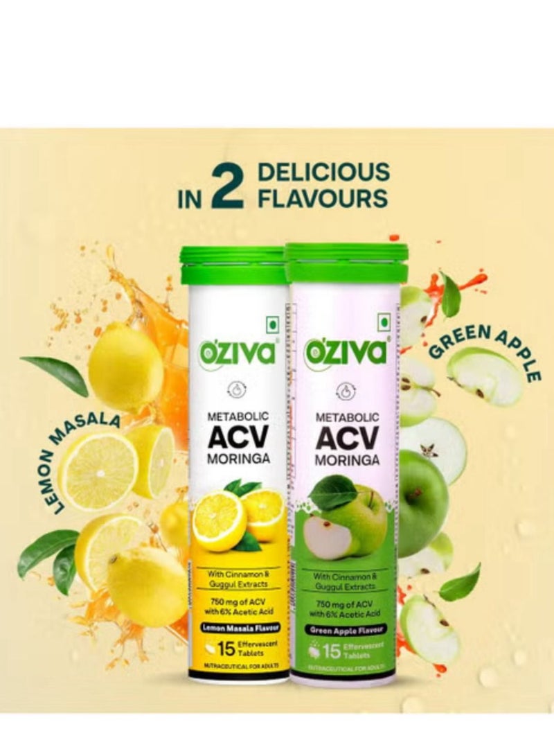 OZiva ACV Moringa Control Cravings Apple Cider Vinegar Cinnamon Guggul No Maltodextrin No Added Sugar, 750mg of ACV 6% Acetic Acid.  15 Effervescent Tablets Lemon Masala Pack of 2 30 Tablets - Image 4