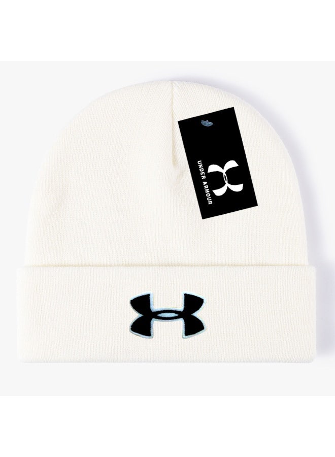 Under Armour Cream Ribbed Knit Beanie (Black & Blue Logo)