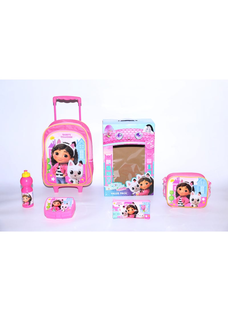 Gabby's Dollhouse Gabby's Dollhouse 5 in 1 Value Pack (16" Trolley Bag with Lunch Box, Lunch bag, Water Bottle and Pencil Case) - Image 1