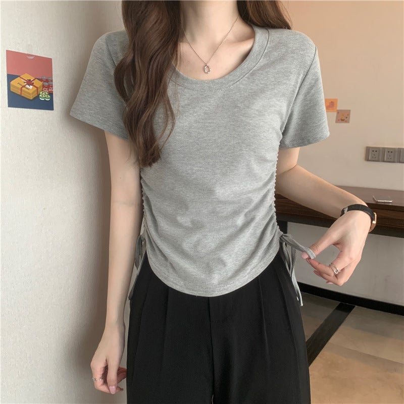 Round Neck Drawstring Slimming Short-Sleeved T-Shirt For Women Summer Niche Korean Style Simple Chic Slim Top Fashion - Image 4