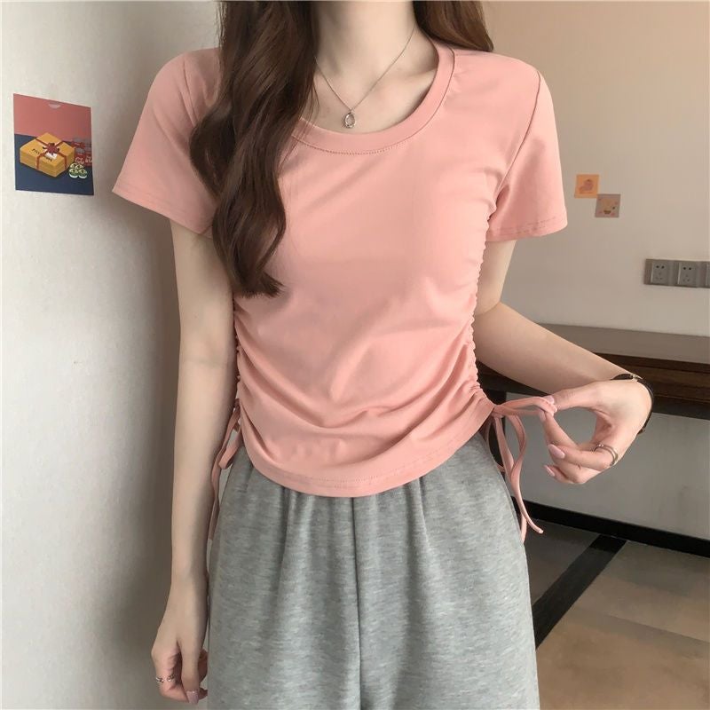 Round Neck Drawstring Slimming Short-Sleeved T-Shirt For Women Summer Niche Korean Style Simple Chic Slim Top Fashion - Image 2