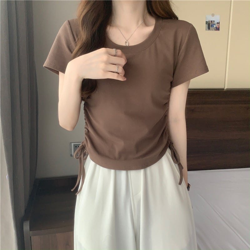 Round Neck Drawstring Slimming Short-Sleeved T-Shirt For Women Summer Niche Korean Style Simple Chic Slim Top Fashion - Image 3