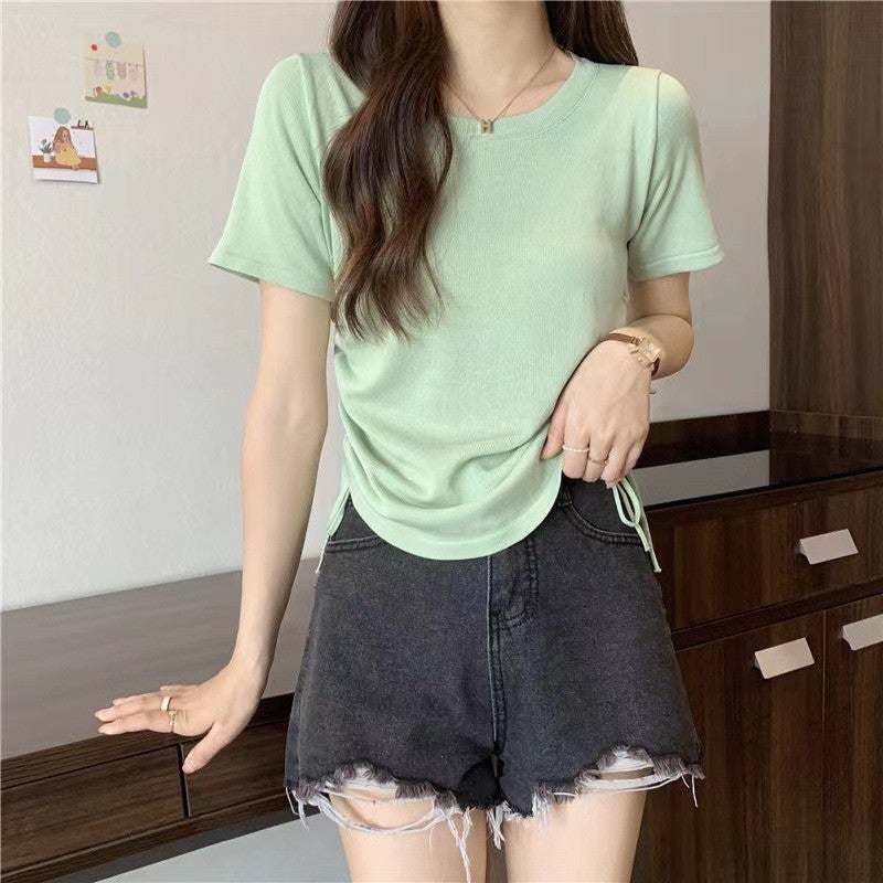 Round Neck Drawstring Slimming Short-Sleeved T-Shirt For Women Summer Niche Korean Style Simple Chic Slim Top Fashion - Image 5