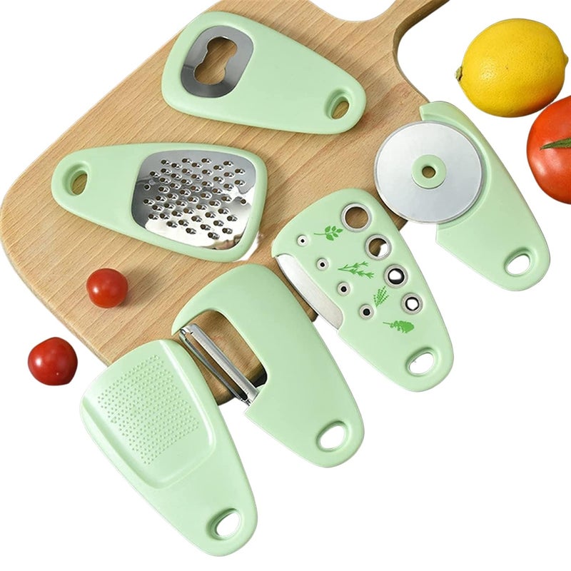 Nathgra 6 Pieces Kitchen Gadgets Set Space Saving Cooking Tools Accessories Fruit Vegetable Peeler Cheese Chocolate Grater Pizza Cutter Garlic Grinder Vanilla Cutter Bottle Opener - Image 1
