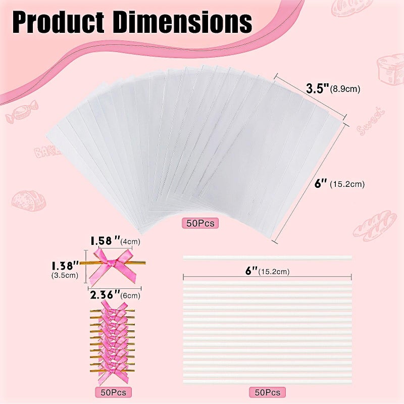 RomanticBaking 50 Sets Clear Rice Krispie Treat Bags with Pink Ribbon Bow and Stick & Flat Cellophane Clear Bags for Rice Krispie Treats Gift Giving Bag(Pink) - Image 2