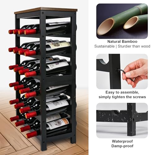 VASMIA Wine Rack Freestanding Floor, 6 Tier Bamboo Wine Storage Shelves with Table Top, 24-Botttle Wine Rack Shelf for Kitchen Bar Dining Room Living Room, Rustic Brown and Black - Image 3