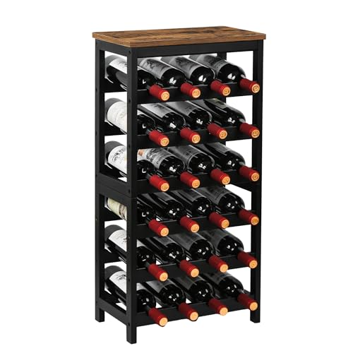 VASMIA Wine Rack Freestanding Floor, 6 Tier Bamboo Wine Storage Shelves with Table Top, 24-Botttle Wine Rack Shelf for Kitchen Bar Dining Room Living Room, Rustic Brown and Black - Image 1