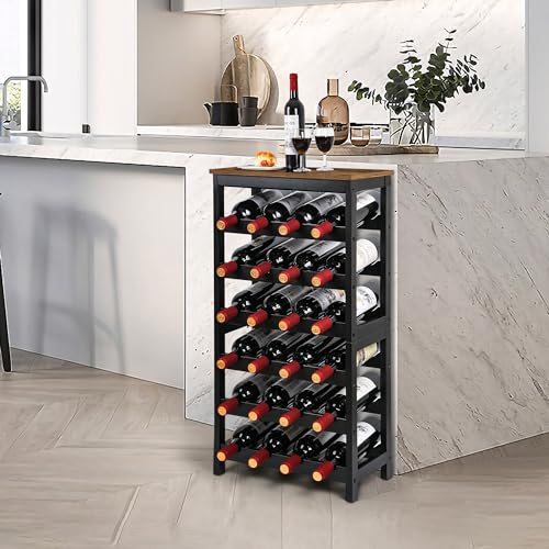 VASMIA Wine Rack Freestanding Floor, 6 Tier Bamboo Wine Storage Shelves with Table Top, 24-Botttle Wine Rack Shelf for Kitchen Bar Dining Room Living Room, Rustic Brown and Black - Image 4
