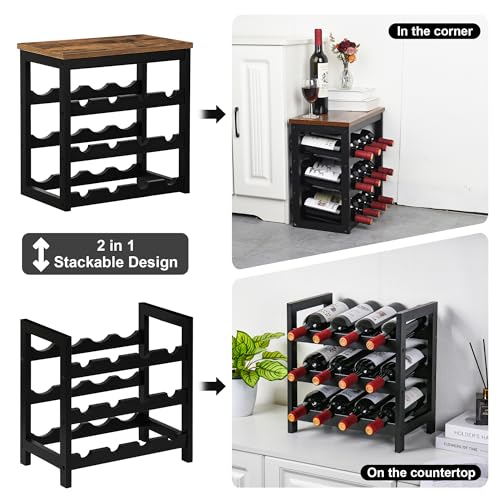 VASMIA Wine Rack Freestanding Floor, 6 Tier Bamboo Wine Storage Shelves with Table Top, 24-Botttle Wine Rack Shelf for Kitchen Bar Dining Room Living Room, Rustic Brown and Black - Image 5