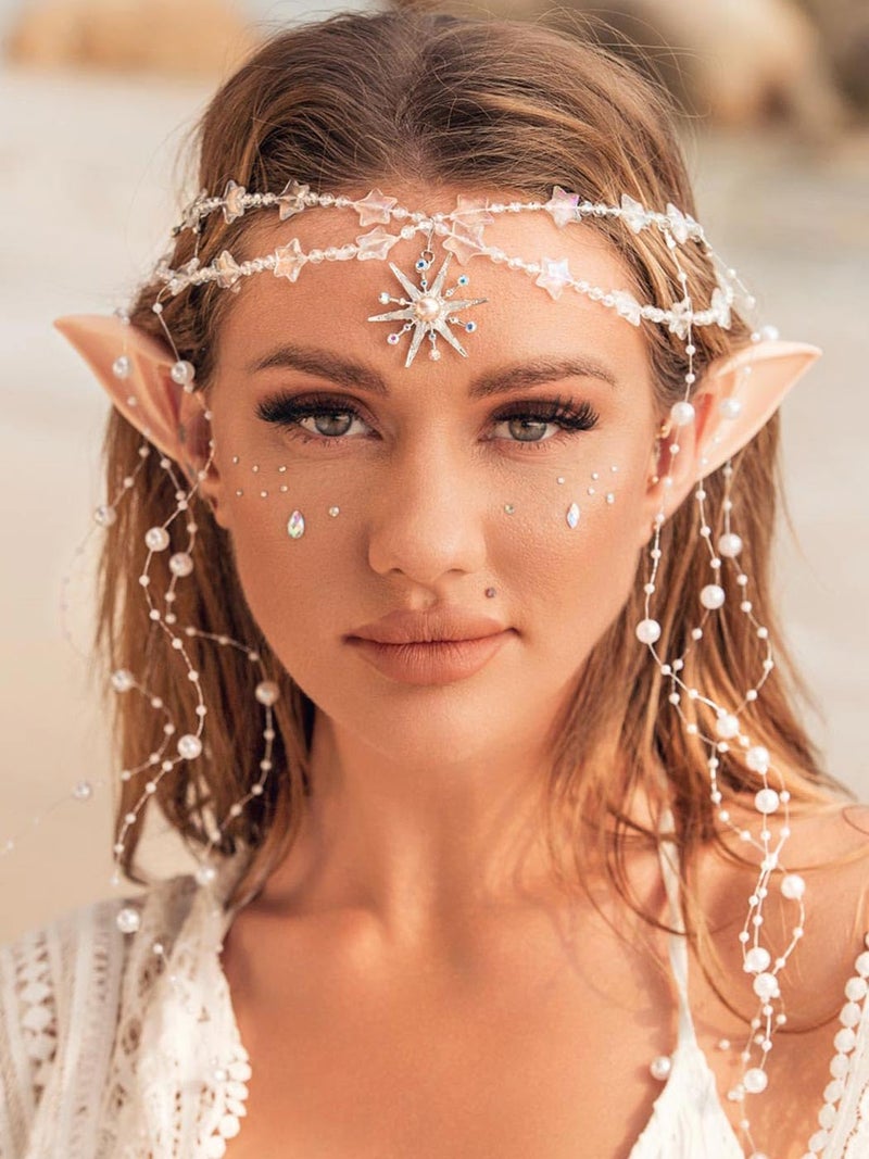 Aukmla Star Boho Head Chain with Fairy Elf Ear Pearl Tassel Headpiece Hair Chains Jewelry Halloween Costume Festival Headband Hair Accessories for Women and Girls - Image 1