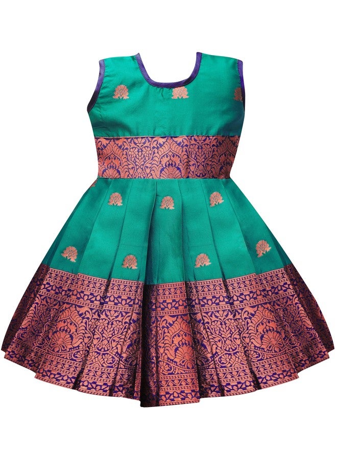 Suzvan Baby Girls South Indian Traditional Pattu Pavadai Jacquard Silk Lehenga Choli (Rama, 3-4 Years) - Image 1