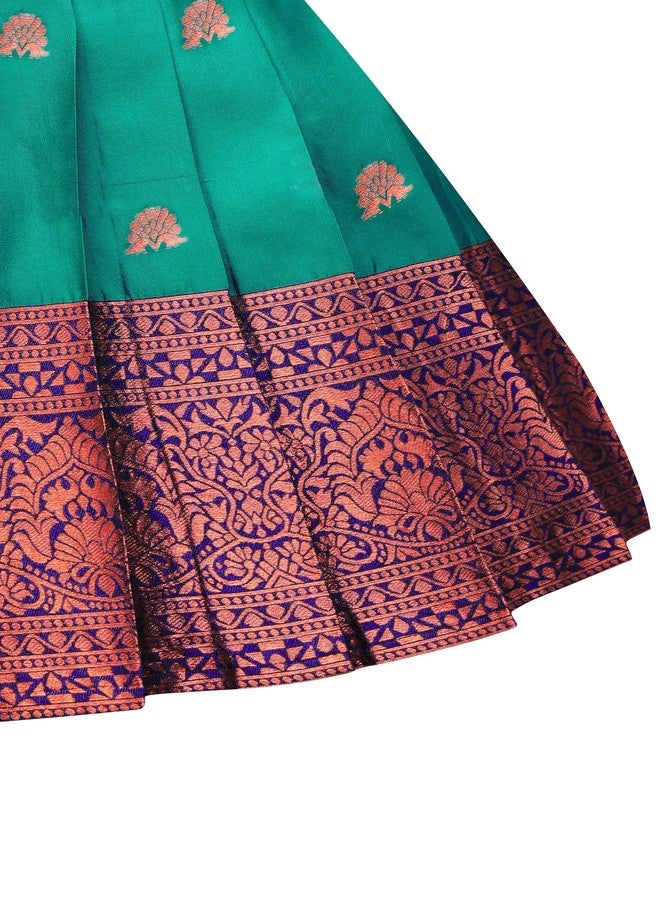 Suzvan Baby Girls South Indian Traditional Pattu Pavadai Jacquard Silk Lehenga Choli (Rama, 3-4 Years) - Image 4