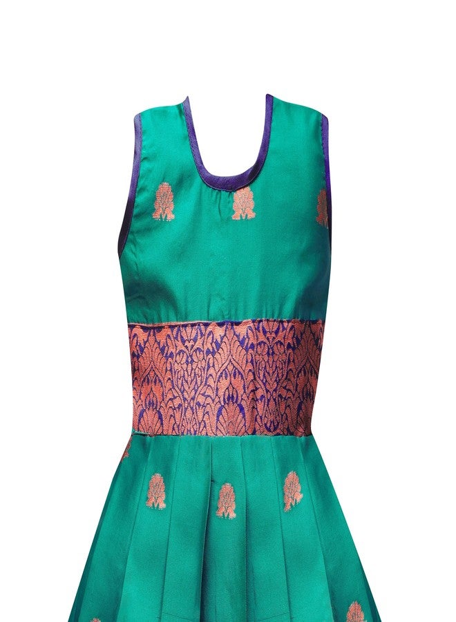 Suzvan Baby Girls South Indian Traditional Pattu Pavadai Jacquard Silk Lehenga Choli (Rama, 3-4 Years) - Image 3