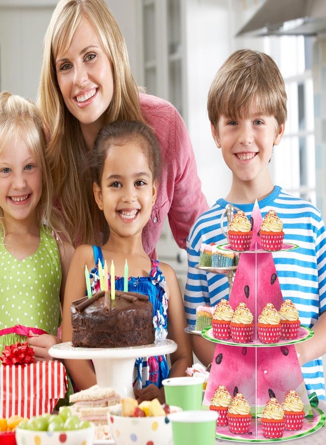 Sliner حامل كب كيك بثلاث طبقات بتصميم البطيخ من سلاينر، زينة حفلات صيفية مميزة، حامل كيك بتصميم البطيخ، برج حلويات وردي اللون لأعياد الميلاد، مناسب للأطفال والفتيات والكبار، ولحفلات استقبال المولود الجديد وحفلات الزفاف. - Image 5