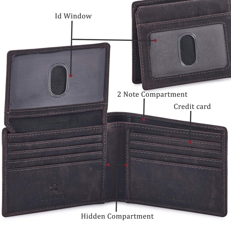 Cochoa Bifold Wallet for Men's Real Genuine Slim Leather RFID Blocking 2 ID Windows Stylish Travel Gift Box (CRAZY HORSE, COFFEE) - Image 4