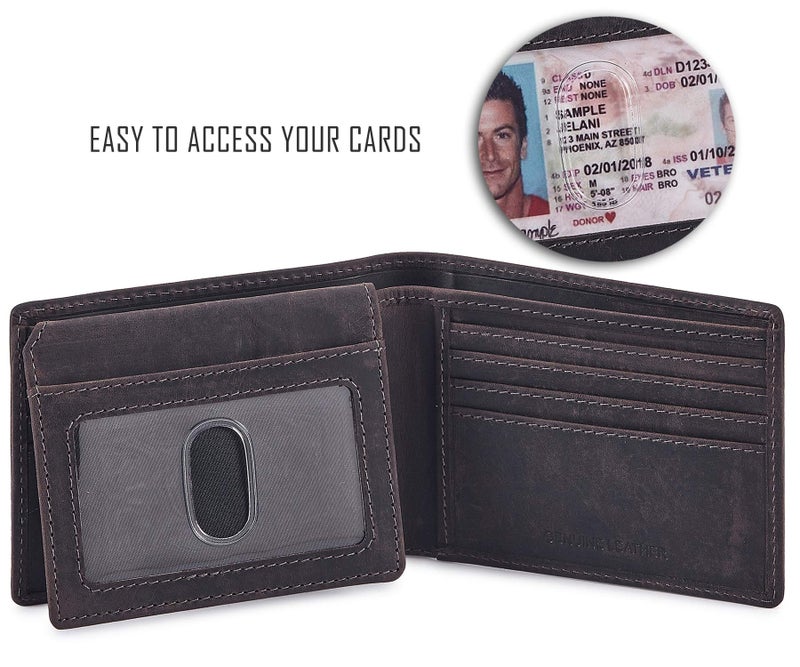 Cochoa Bifold Wallet for Men's Real Genuine Slim Leather RFID Blocking 2 ID Windows Stylish Travel Gift Box (CRAZY HORSE, COFFEE) - Image 2