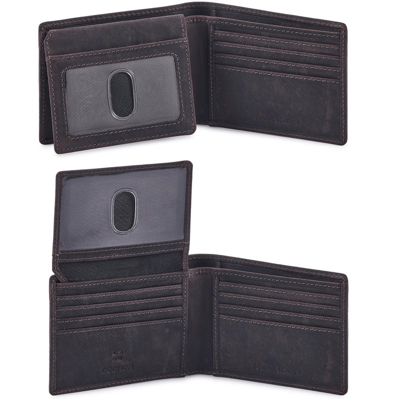 Cochoa Bifold Wallet for Men's Real Genuine Slim Leather RFID Blocking 2 ID Windows Stylish Travel Gift Box (CRAZY HORSE, COFFEE) - Image 1