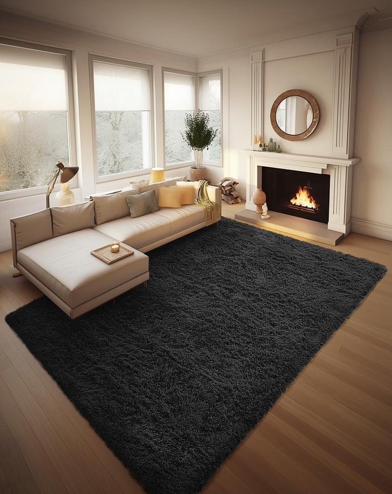 Ophanie 8x10 Black Area Rugs for Living Room, Large Shag Bedroom Carpet, Big Indoor Thick Soft Shaggy Nursery Rug, Fluffy Carpets for Boy and Girls Room Dorm Home Decor Aesthetic - Image 1