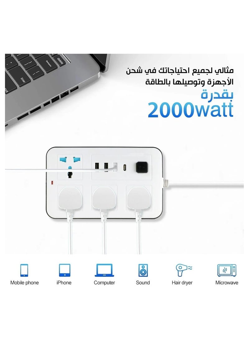 Power Extension Socket, Power Strip with USB, 3 USB Ports & 1 Type C | Independent Power Switch, Max 1A, Overload Protection & Child Safety, 2 Meter Extension Cord - Image 3