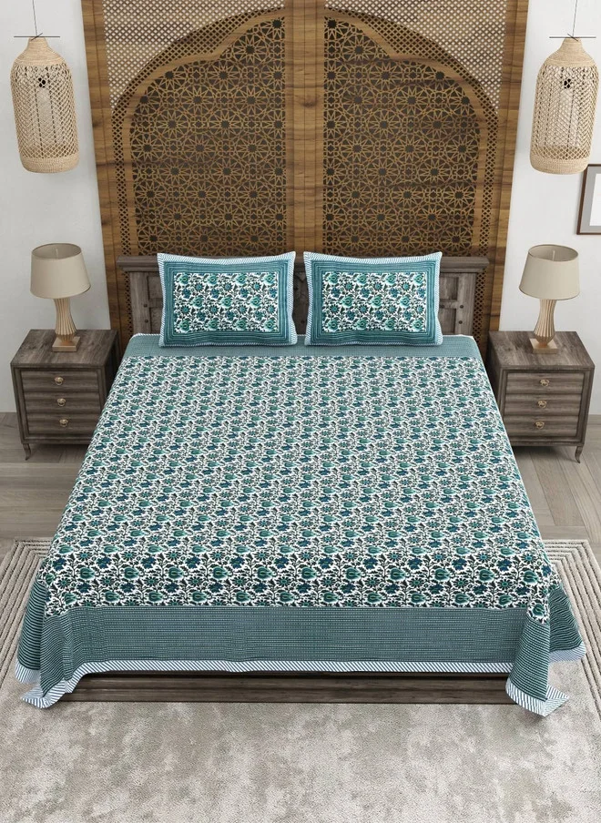 CLOTHOLOGY CLOTHOLOGY Green & White Printed Pure Cotton 180 TC King Bedsheet Set